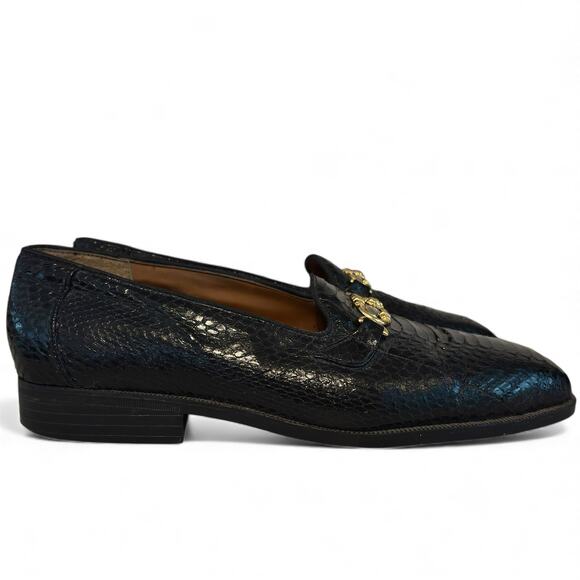 Giorgio Brutini Mens Black Snakeskin Loafers Size 9 Gold Lion Medallion Vintage - Picture 3 of 14